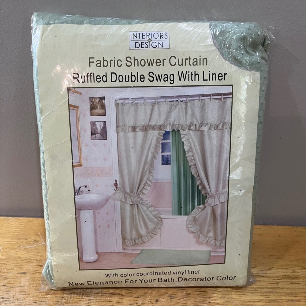 Vtg Interiors by Design Sage Green Ruffled Double Swag Shower Curtain Set New